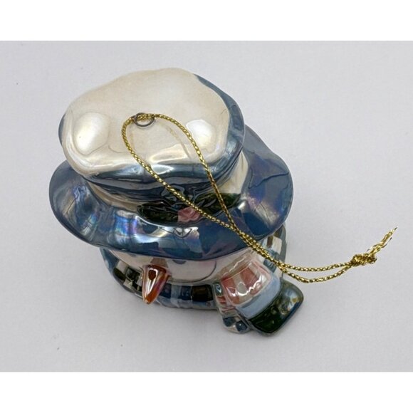 Vintage Ceramic Snowman Head Christmas Tree Ornament Iridescent Finish Blue Hat - Picture 7 of 8